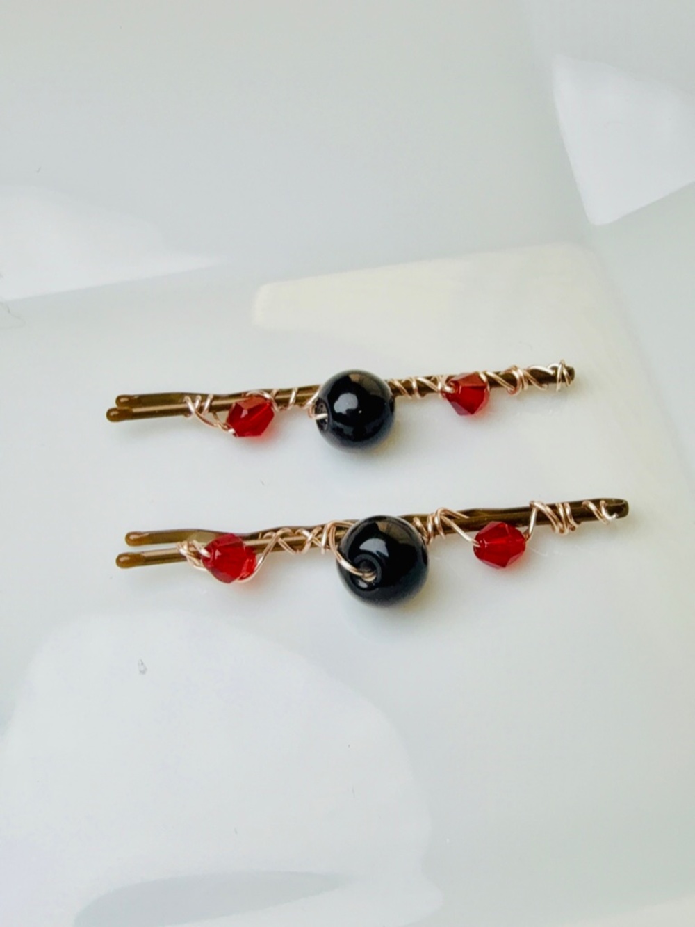 Black Beads and Red Crystals Beaded Bobby Pins
